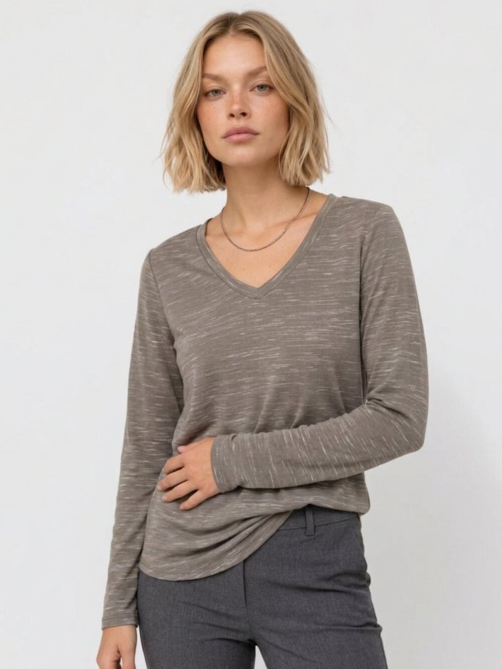 Attention Brand Women's 2X Light Brown Long-Sleeve Polyester Blend V-Neck Top